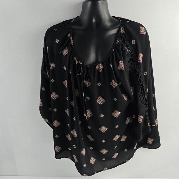 Roz & Ali Women’s Plus Boho Peasant Blouse Black Pink Geometric Print 2X (6760) - Picture 1 of 7